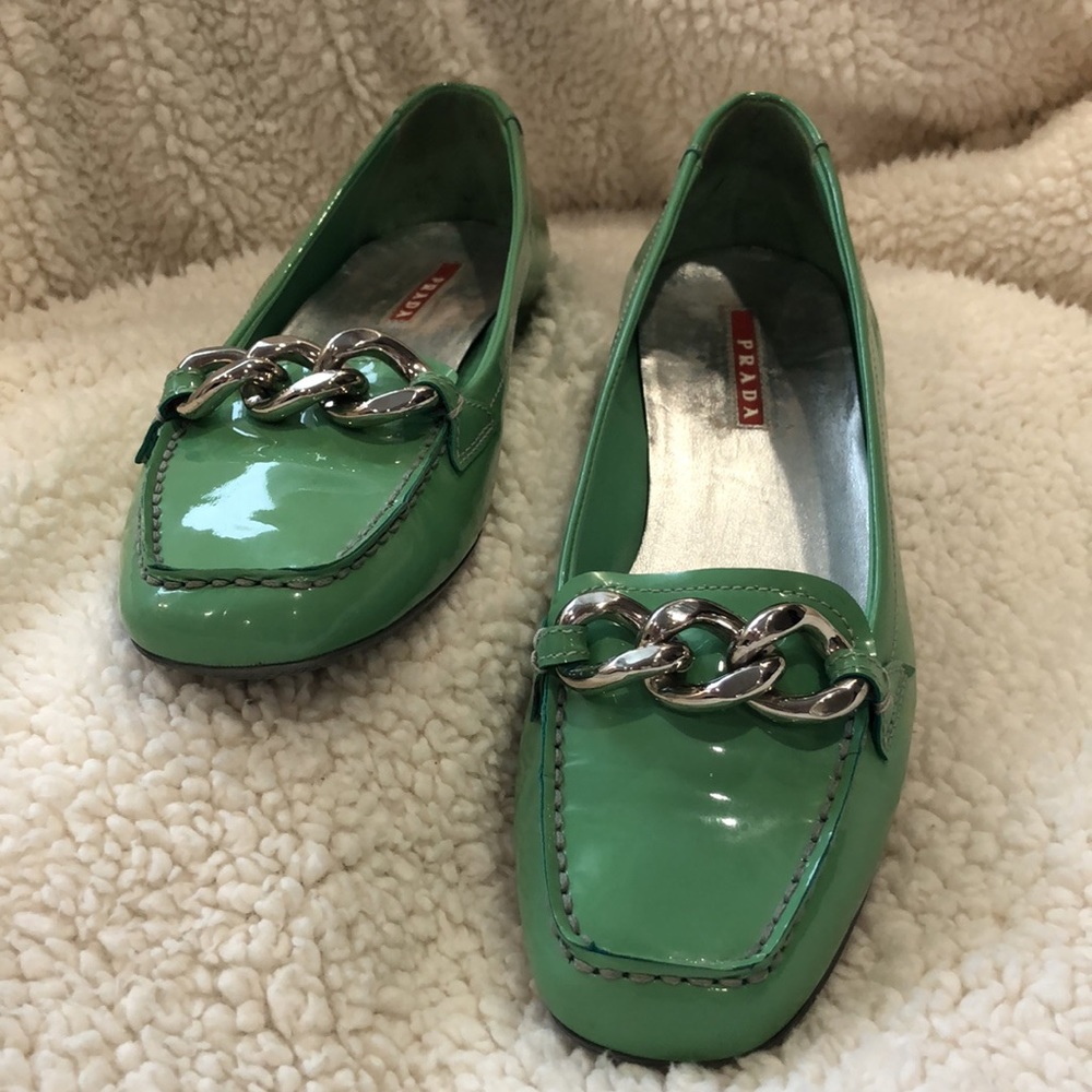 Prada Women's Green Patent Leather Bit Block Heel Loafers - Picture 2 of 13
